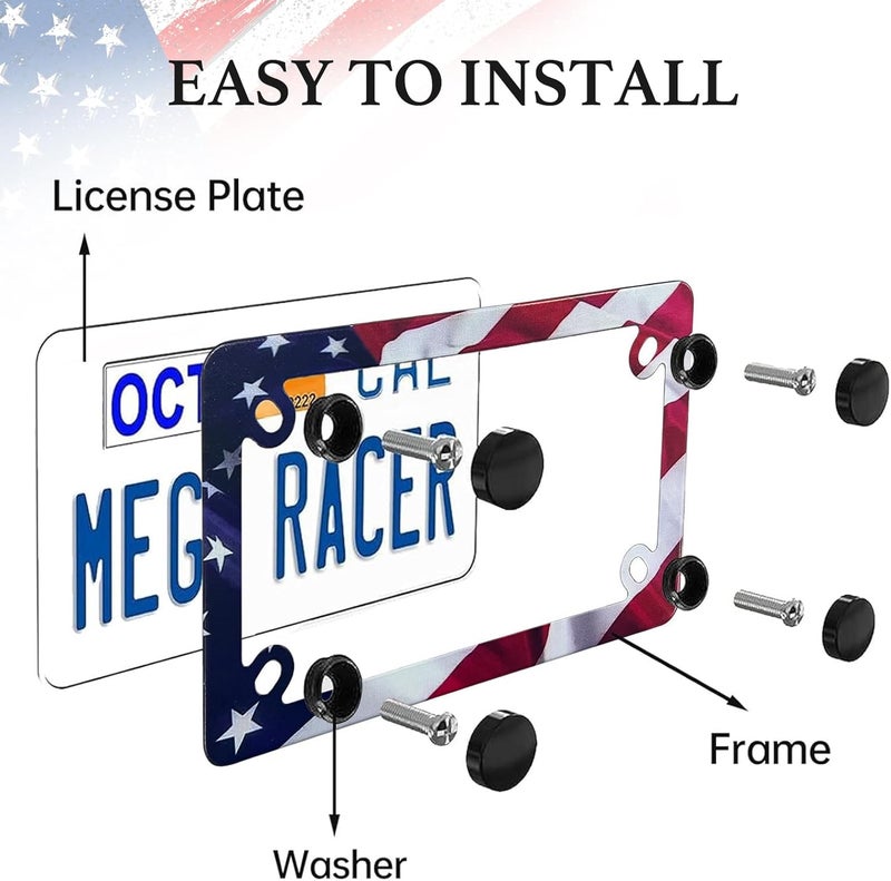LIN KANG Motorcycle American Flag License Plate Frame - 4 Holes Stainless Steel Matte Stripe US Flag Gloss Patriotic License Plate Frame Holder Covers for Motorcycle - Image 3